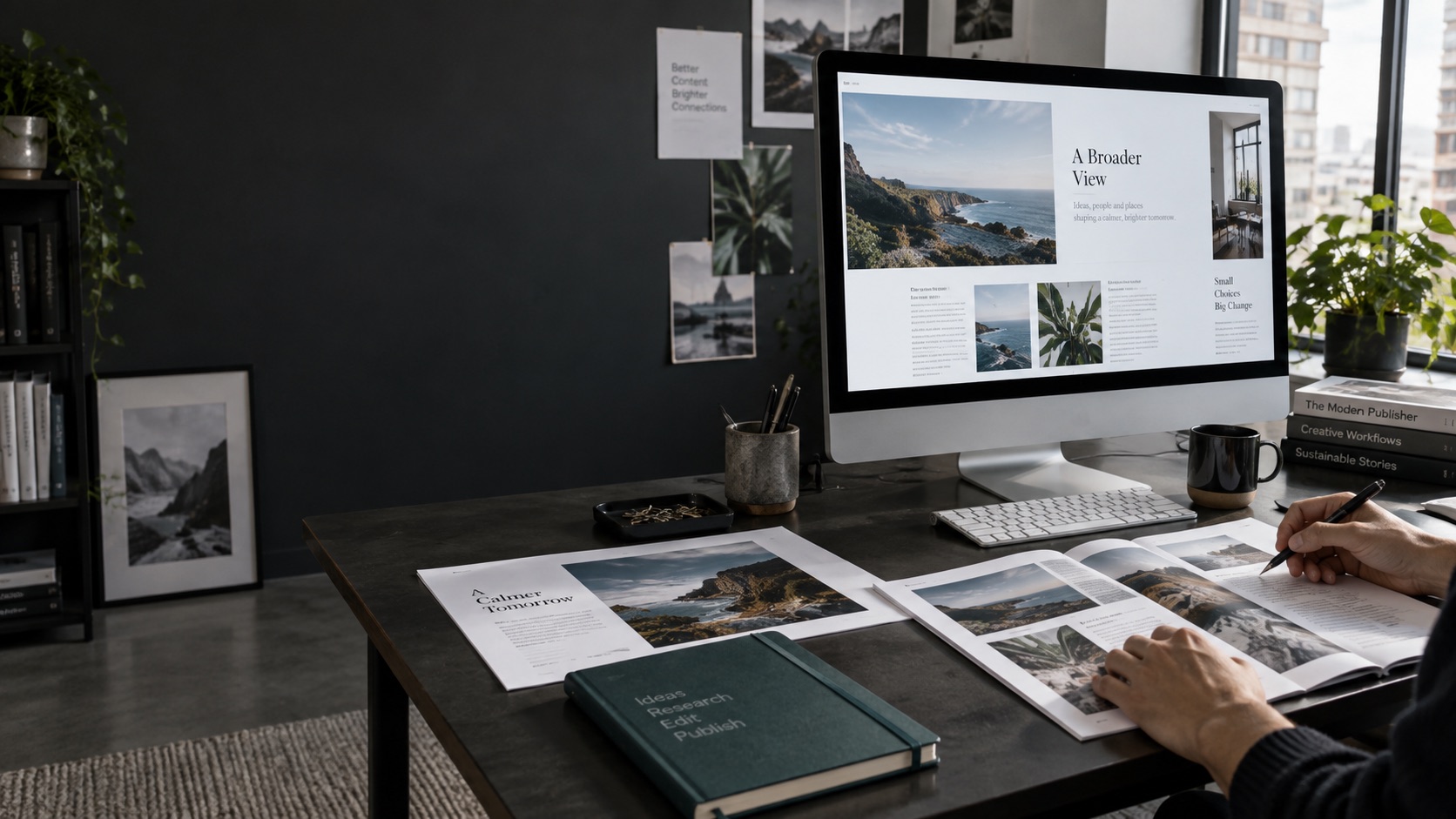 Editorial workspace with an article open on a publisher website